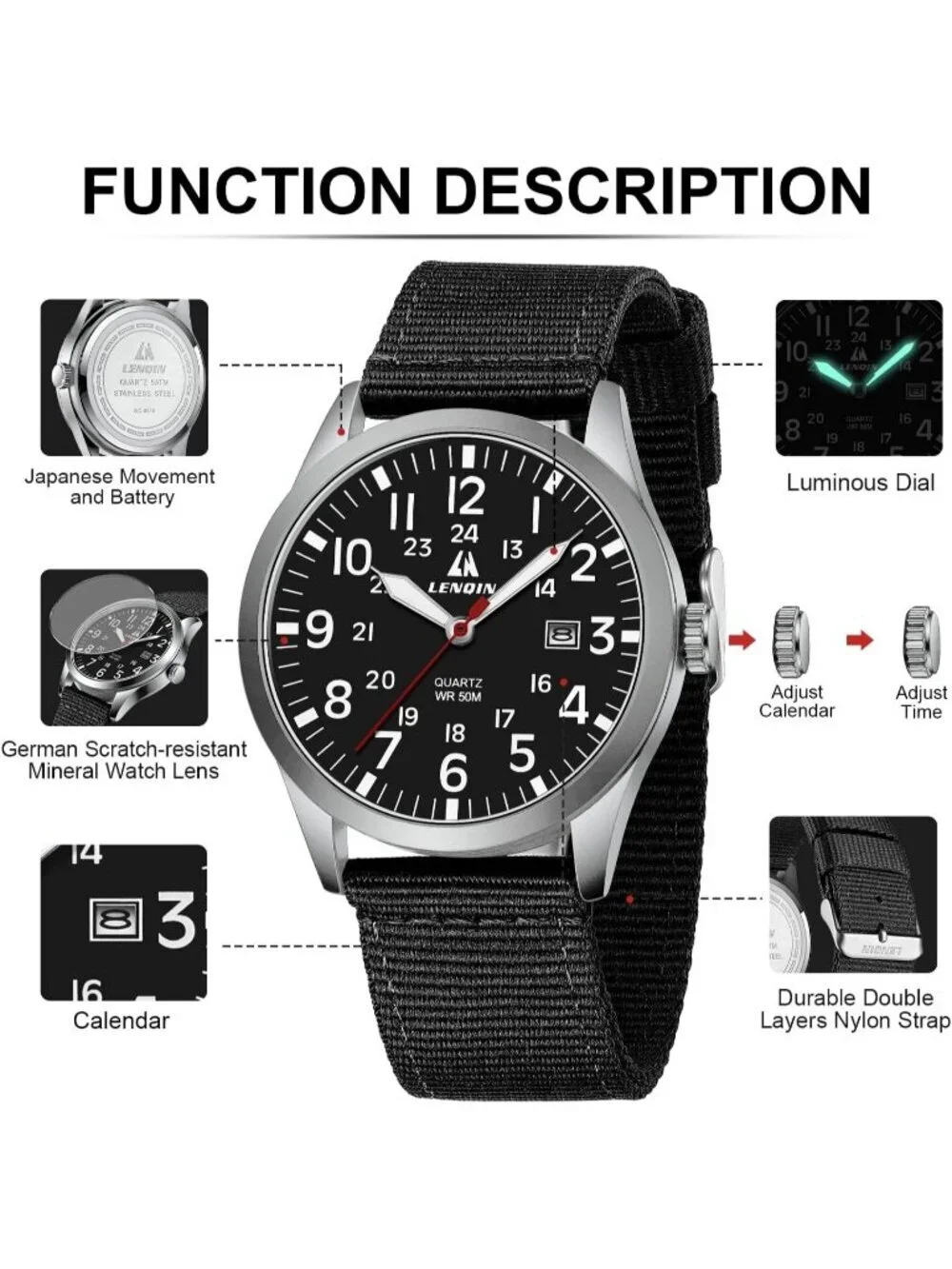 Men's Silver Black Nylon Strap Stylish Luminous Unisex Military Tactical Watch